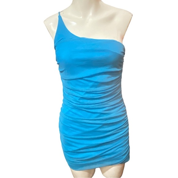 Princess Polly Blue Asymmetrical Ruched Bodycon Dress Size 6 - Picture 2 of 12